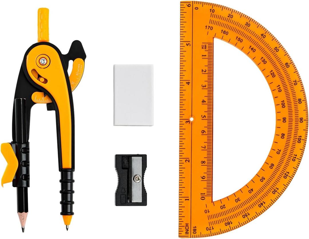 4 x Unjoo Compass for Geometry Set, 6 Inch Protractor, Clear Plastic (Orange)
