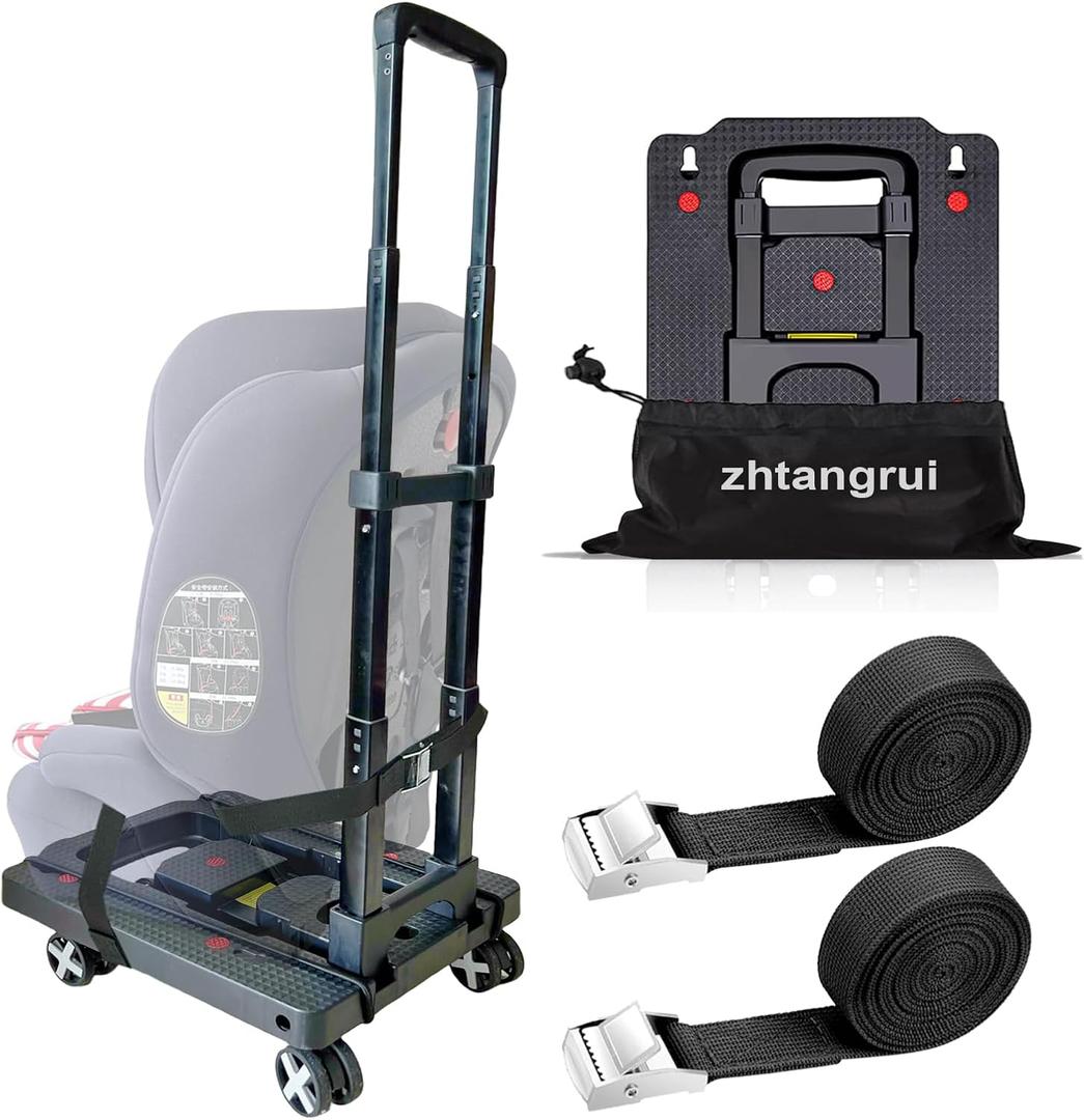 Car Seat Dolly for Airport - CarSeat Roller Cart Wheels for Airplane - Car Seat Travel Cart Carrier with Straps Foldable Luggage Trolley Folding Hand Truck (Black)