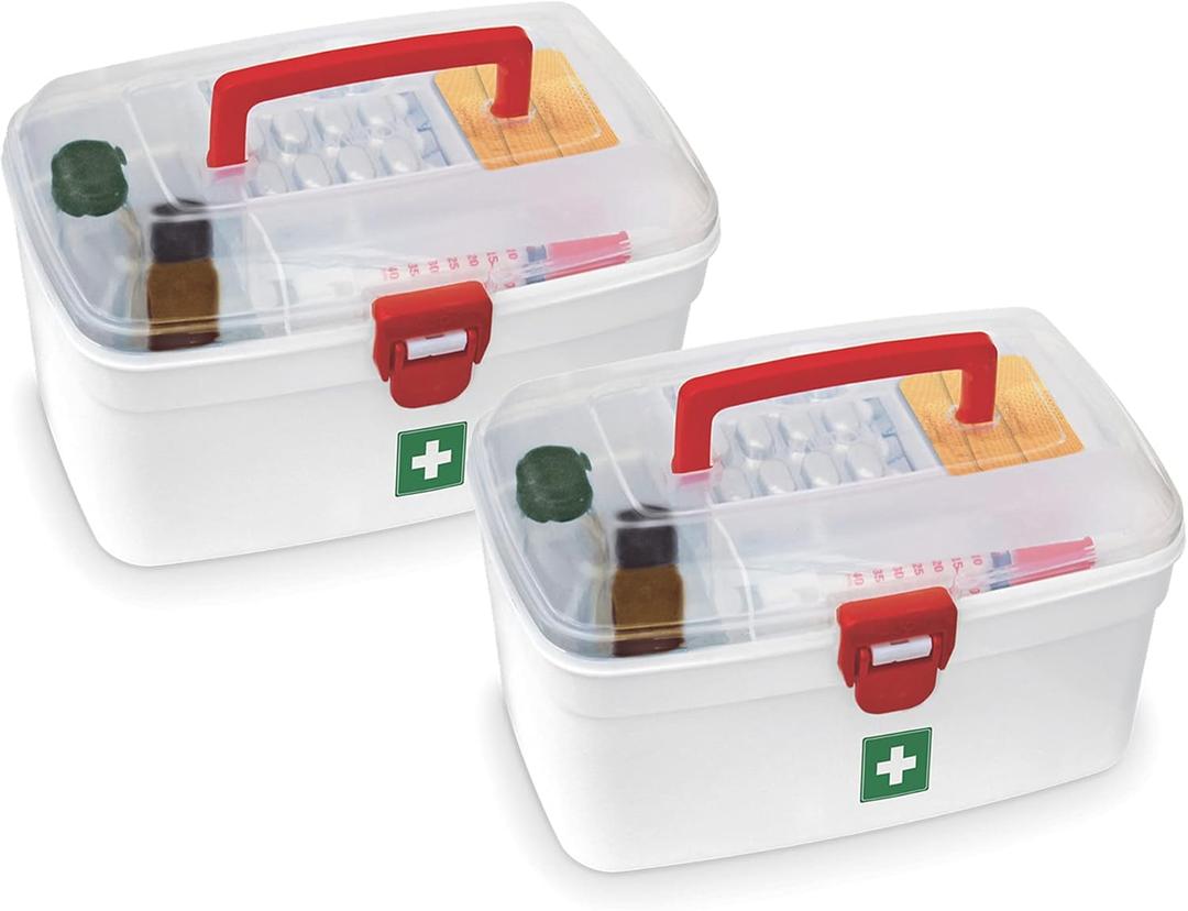 MILTON Medical Box, First Aid Empty Medicine Storage Box Organizer Family Emergency Kit Detachable Tray Easily Accessible with a Transparent Lockable Lid White - Set of 2