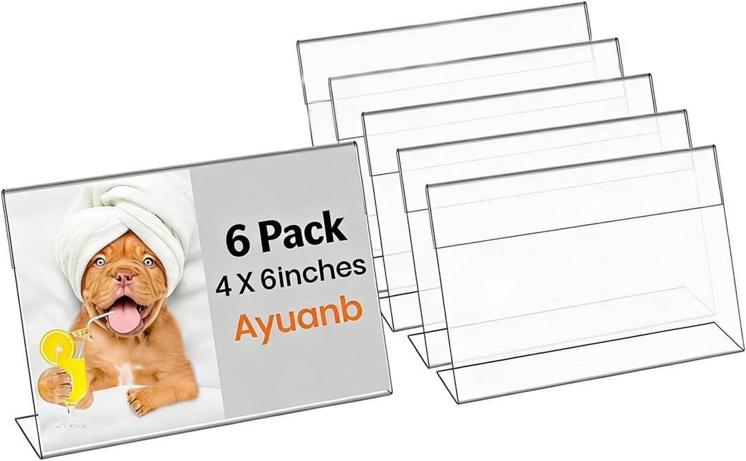 4x6 Inch Acrylic Sign Holder, 6 Pcs L Shape Clear Plastic Slant Back Sign Holders, Paper Photo Display, Clear Picture Frame Table Sign Holder for Business, Office, Retail Store, Restaurant