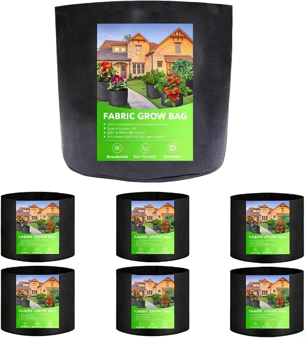 GE 6 Pack 1 Gallon Thickened Grow Bags, Breathable Plant Pots with Handles, Indoor|Outdoor Planters,Reusable Planter Boxes for Low Stress Plant Training Fruits Vegetables, Flowers, Gardening (Black)