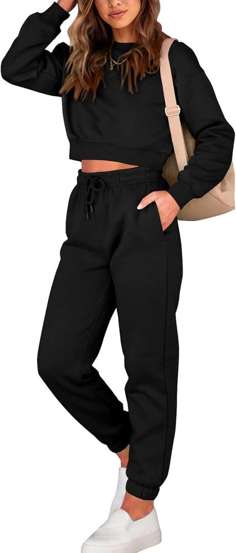 BTFBM Women 2 Piece Outfits Long Sleeve Crop Top Pullover Drawstring Pant Jogger Set Casual Sweatsuits Tracksuit Pockets (Small, Black)