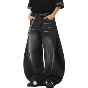 DFGIGT Baggy Barrel Jeans for Men Wide Leg Loose Fit Jeans Y2K Hip Hop Streetwear Denim Pants (Black, XXL)