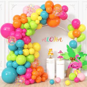 Ouddy Life 164Pcs Tropical Balloons Garland Arch Kit - Hot Pink Lime Green Orange Blue Yellow Colorful Different Sizes 18” 12” 10” 5” Balloon for Summer Hawaiian Luau Aloha Birthday Party Decorations