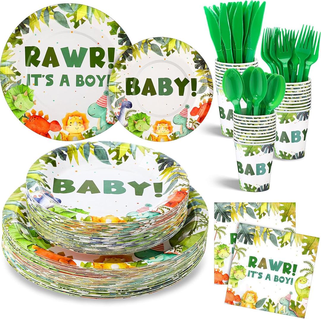 350 Pcs Dinosaur Baby Shower Party Favor Rawr Its a Boy Disposable Tableware Napkins Cups Knives Forks Spoons for 50 Guests Dino Birthday Party Decoration (Green)