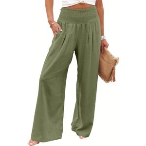 ANRABESS Women Linen Palazzo Pants Summer Boho Wide Leg High Waist Casual Lounge Pant 2025 Beach Travel Vacation Outfits (Large, Army Green)