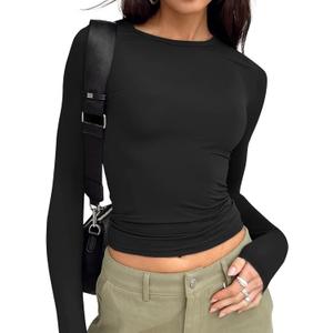 Trendy Queen Women's Long Sleeve T Shirts Fall Fashion 2026 Basic Top Slim Fit Tees Y2k Outfits Winter Clothes Black M