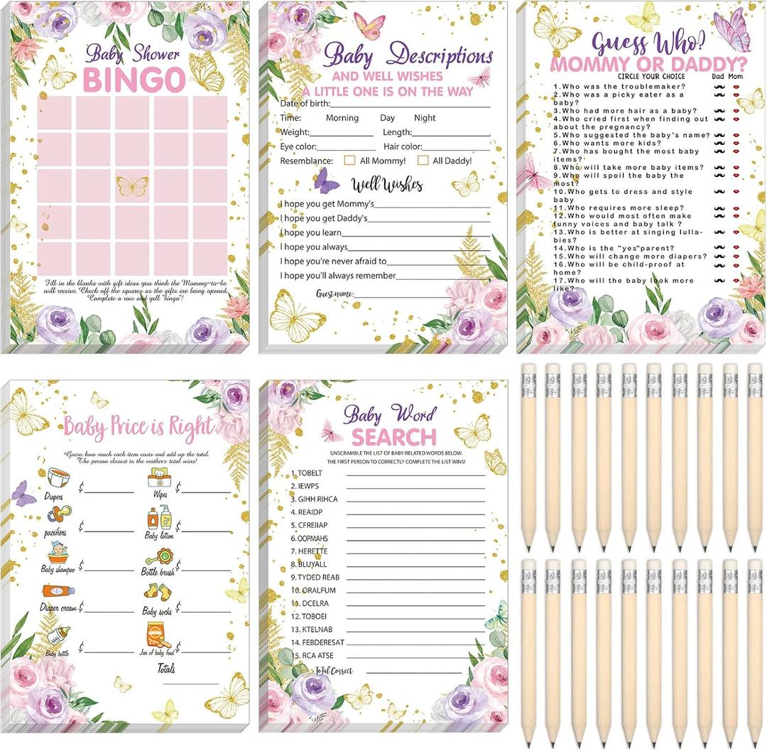 Sinmoe 145 Pcs Butterfly Baby Shower Games Supplies 5 Sets Baby Shower Games Activities Cards with 20 Pcs Funny Pencils Include Descriptions and Wishes, Guess Who, Bingo Play, Word Search