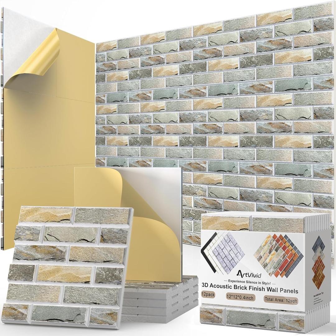 12Pack Acoustic Panels, Self-Adhesive 3D Brick Pattern Sound Proof Panels for Walls, Decorative Sound Dampening Wall Panels for Recording Studios, Offices, Home, 12"12"0.4", Stone