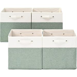 13 x 13 Inch Fine Linen Storage Bins with HandlesFabric Cube BoxsBasket Organizers for Shelves for Home, Closet Drawers (White/Green-4 Pack )