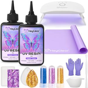 HeyClear UV Resin Kit with Light -200g Crystal Clear, Hard Resina UV Light Fast Curing UV Glue for Beginners Crafting, Molds Jewelry Making, DIY Craft Decorations