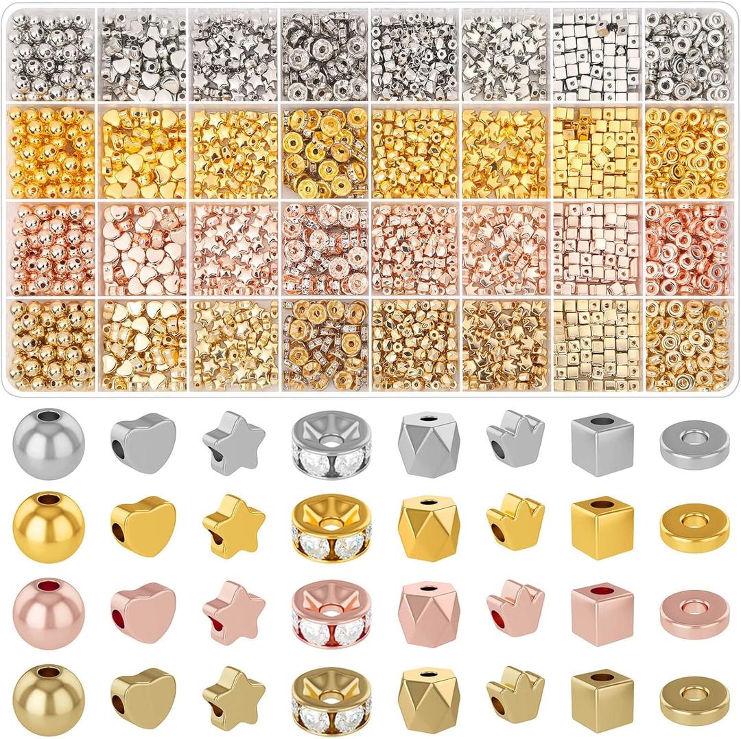 selizo 2240 Pieces Spacer Beads for Jewelry Making in 8 Styles, Assorted Gold Beads for Bracelets Making, Crafts(Gold, Sliver, Rose Gold, KC Gold)