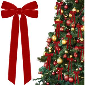 12Pcs Red Velvet Ribbon Bows Christmas Tree Decorations,5in x 10in Xmas Ornaments for Tree Home Party Front Door Wreath Holiday Decor