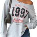 SOFIA'S CHOICE Women's Graphic Off Shoulder Tops Oversized Long Sleeve Shirts Grey, Small