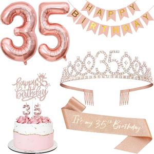 35th Birthday Decorations for Women, Including 35th Tiara and Sash, Happy Birthday Banner, Cake Toppers, Number Candles and Balloons Set, Rose Gold