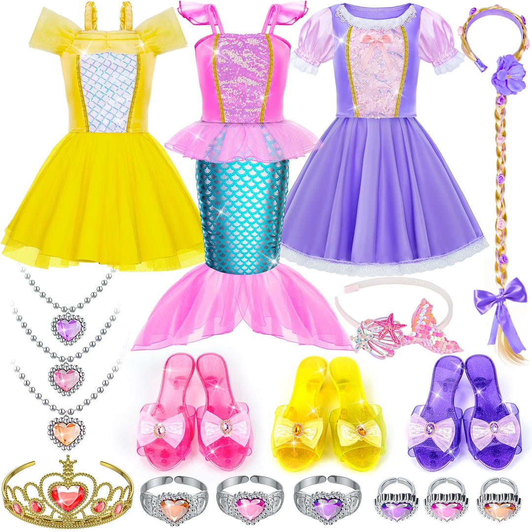 Princess Dress Up Clothes and Jewelry Boutique, Toys for Little Girls, Princess Costumes Gifts with Shoes, Dresses, Tiara, Necklaces, Gift Set for Toddler Girls Age 3 4 5 6 7 Years Old, Set of 3