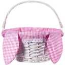 Hushee Easter Willow Gift Basket 11"7" Easter Wicker Bunny Baskets with Folding Handle Plaid Liners for Kids Toys Eggs Hunt Wood Bunny Bucket Decorations(Pink and White Plaid)