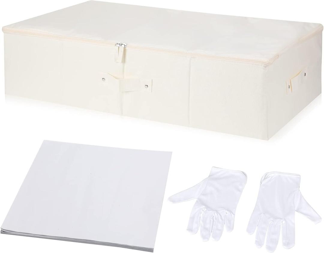 Wedding Dress Preservation Box Kit Dress Storage Box with 1 Microfiber Gloves and 100 Sheets Acid Free Tissue Paper for Storage Wedding Clothing Gown(28 x 15.7 x 7 Inch,Beige, White)