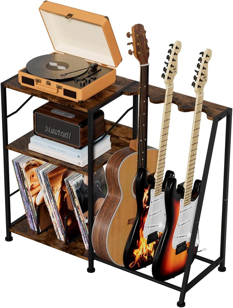 Hosfais Record Player Stand, 3 Tier Guitar Stand for Acoustic, Electric Guitar, Bass Stand, Vinyl Record Storage Up to 200 Albums, Brown Records Shelf for Living Room Bedroom (Rustic Brown)