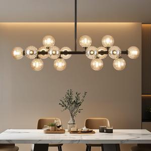Glass Globe Sputnik Chandelier, 16-Light Mid Century Modern Light Fixture Over Table, Linear Chandeliers for Dining Room, Kitchen Island, Black and Amber Bubble, 40 Inch, GC-02