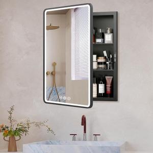 LED Medicine Cabinet Mirror for Bathroom 20x26 Inch, Recessed Medicine Cabinets with Lights, Anti-Fog Bathroom Mirror with Storage, Black Metal Frame, Adjustable Shelves, 3 Color Dimming