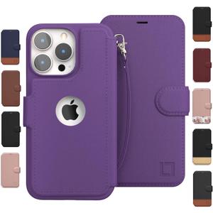 Compatible with iPhone 14 Pro Wallet Case for Women and Men, Case with Card Holder [Slim & Protective] for Apple 14 Pro (6.1), Vegan Leather i-Phone Cover, Purple [Includes Wristlet]
