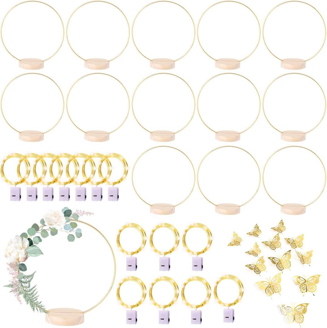 14 Pack Floral Hoop with Stand and LED Fairy Lights 8 Inch Metal Rings for DIY Centerpiece Table Decorations Crafts Macrame Rings Hoop Wreath Dream Catcher Rings Wedding Christmas Wreaths, Gold