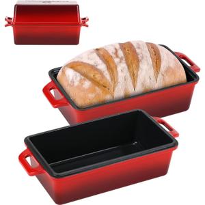 9x5 Inch Enameled Cast Iron Loaf Pan with Lid, Perfect Bread Baking Pan | Even Heat Distribution for Homemade Bread, Cake, Meatloaf2 Piece setRed (Cerise1)