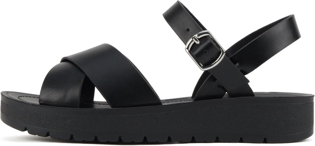Soda CHESTER ~ Women Flat Sandals Flatform Ankle Buckle Criss Cross Band Straps Sandals Shoes (Gold Raffia, 6) (Black)