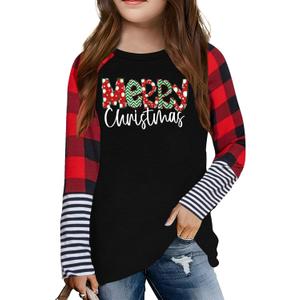 Girls Christmas Shirt Kids Merry Christmas Trees Shirts Ugly Xmas Santa Plaid Long Sleeve Tops 120