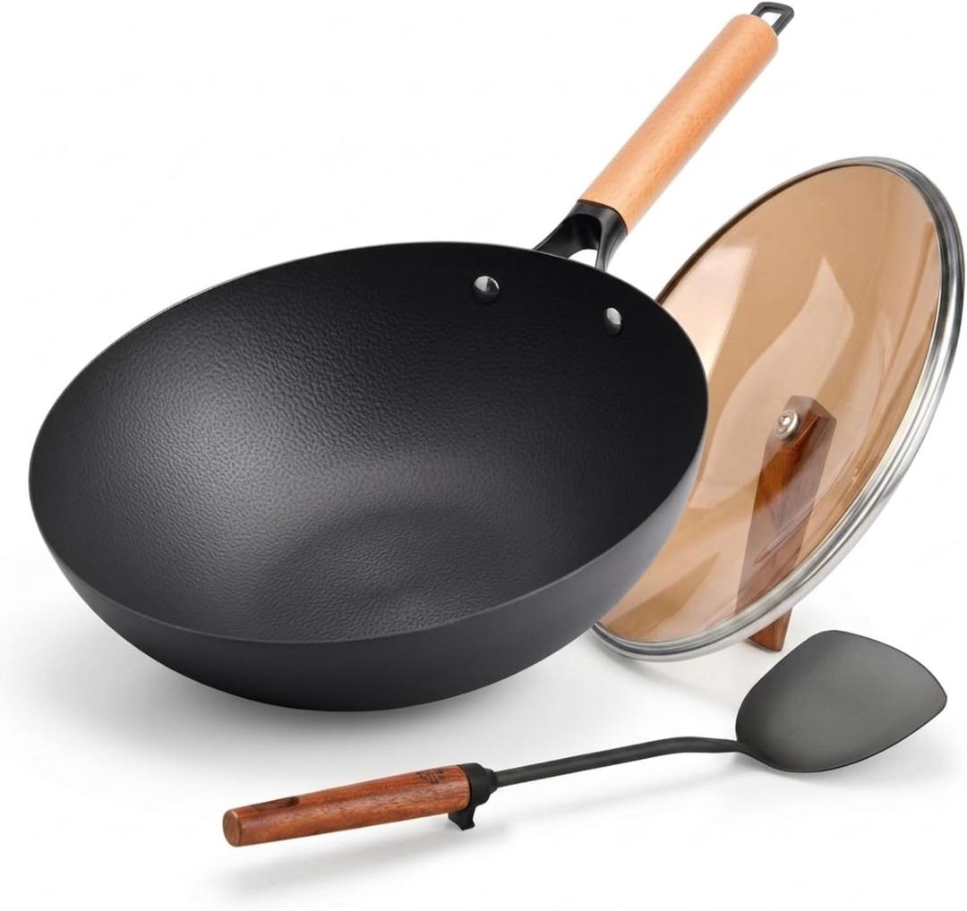 WANGYUANJI 12.6" Carbon Steel Wok with Lid, Flat Bottom Wok Pan for Induction and Gas Stoves, Heavy Duty Unseasoned Asian Stir Fry Pan with Detachable Wooden Handle