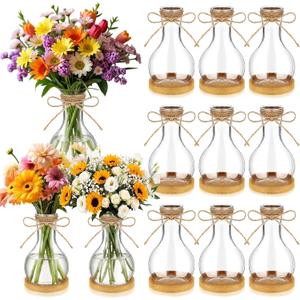 Baderke 12 Pack Small Plastic Bub Vases for Centerpieces with Bamboo Coaster Clear Desktop Plant Propagation Stations Vases for Flowers Rustic Wedding Home Centerpieces Arranging Bouquets(Bulb Style)