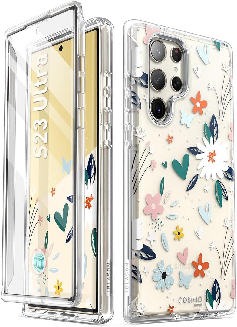 i-Blason for Samsung Galaxy S23 Ultra Case with Built-in Screen Protector, [Magnetic Charging] [Support Fingerprint ID], Full-Body Slim Phone Case for Samsung Galaxy S23 Ultra 6.8", Flower Paint