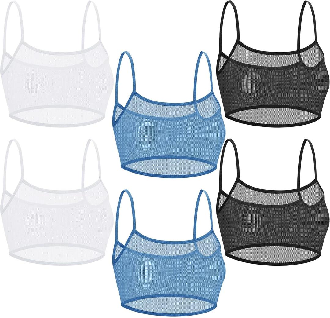 Toulite 6 Pcs Summer Women Mini Tanning Bikini Sheer Tank Tops See Through Stretch Crop Top Sleeveless Mesh for Beach (Large-X-Large, Black, White, Blue)