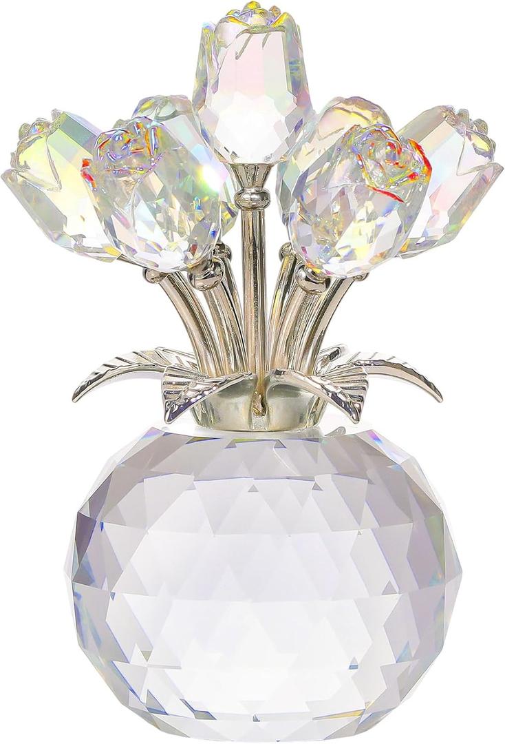 Clear Rose Flower Crystal Figurine with Vase, Bouquet Flowers Ornament Gifts for Wife Girlfriend Women, Handmade Crystal Flower Collectible Home Table Decor for Valentines Day Wedding Anniversary