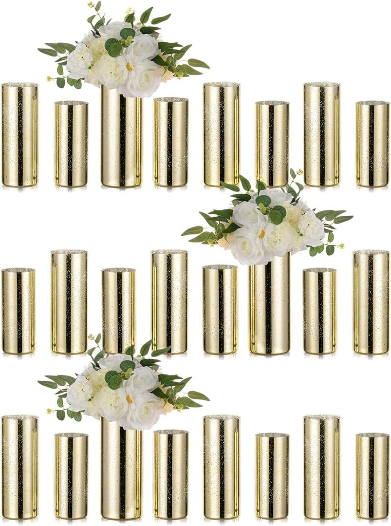 Glass Cylinder Vases Set of 24, Hewory Glittery Gold Vase for Centerpieces, Glass Hurricane Candle Holders for Pillar Floating Candle, Tall Round Vase for Wedding Anniversary Events Home Table Decor