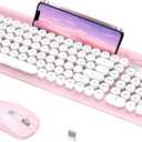 RaceGT Wireless Typewriter Keyboard and Silent Mouse Combo - Cute Pink Keyboard with Phone Holder, 2.4G USB Computer Keyboard and Mouse Set for Windows Laptop/Desktop/PC (Pink-1)