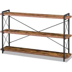 HCHQHS Bookshelf, 3-Tier Long Industrial Bookcase, Rustic Open Book Shelf, Freestanding Horizontal Bookshelves with Metal Frame (3-Tier (56.7"W x 35.8"H), Rustic Brown)