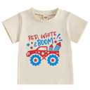 Kids Toddler Boys Girls 4th of July T-Shirt Red White and Boom Firework Monster Truck Patriotic Short Sleeve Top(1-2T,Beige Monster Truck)