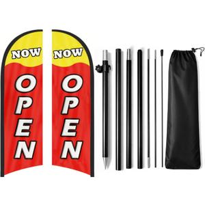 Now Open Flag for Business, 9.18FT Double-Sided Outdoor Advertising Swooper Banner with Pole Kit & Ground Stake  Tear-Resistant Polyester Feather Flag for Shops, Events & Promotions (Red/Yellow)