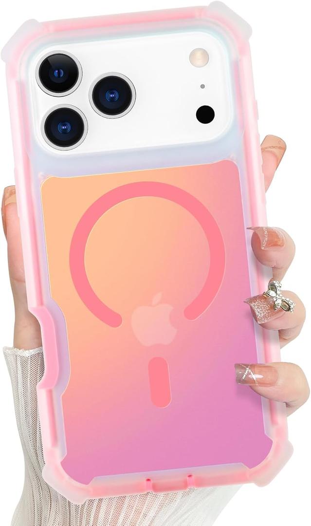 Bonoma for iPhone 17 Pro Max Case 2025, Iridescent Back, Magnetic Support for MagSafe Shockproof Cover, Crystal and Corner High-Duty Protection for Girls Women -Pink