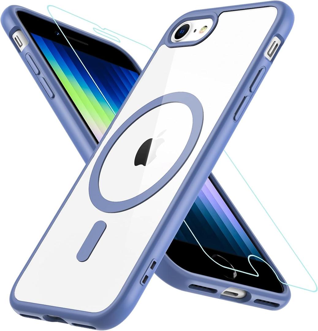 Hensinple for iPhone SE Case 2022/3rd/2020/2nd Gen Magnetic, for iPhone 8/7 Case with Screen Protector [Compatible with MagSafe], Clear Hard Back Cover for Phone 8/SE 3 (4.7"), Light Blue