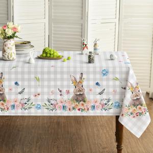 Horaldaily Easter Tablecloth 52x70 Inch Rectangular, Spring Flower Buffalo Plaid Bunny Table Cover for Party Picnic Dinner Decor (Grey)