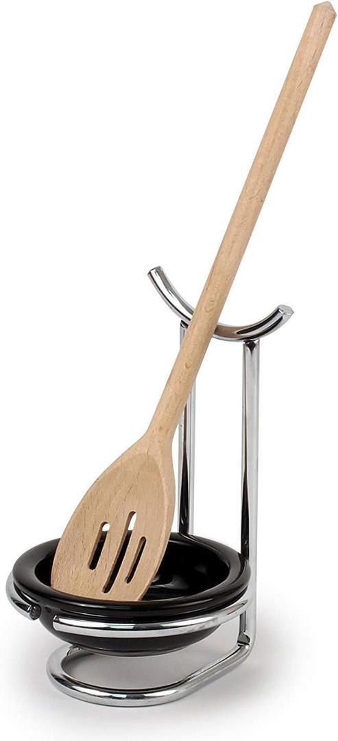 FitWell Ceramic Spoon Rest with Upright Utensil Holder for Stovetop & Countertop, Spoon Holder, Heat Resistant Cooking Utensil Holder, Modern Vertical Design (Chrome/Black)