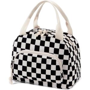 Lunch Bag Women Lunch Box for Women Adult Cute Insulated Lunch Bag Small Cooler Lunch Tote Bags for Work Picnic School (Black-White Plaid)