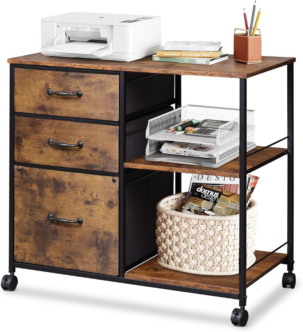 DEVAISE 3 Drawer Mobile File Cabinet, Rolling Printer Stand with Open Storage Shelf, Fabric Lateral Filing Cabinet fits A4 or Letter Size for Home Office, Rustic Brown Wood Grain Print