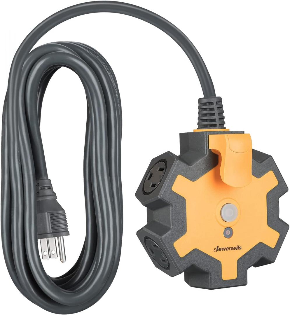 DEWENWILS Industrial Power Strip with 5-Outlet Power Hub, 15FT Heavy Duty Extension Cord for Garage, Workshop, 14/3 AWG SJTW, 15A Circuit Breaker, Swivel Safety Covers, ETL Listed Yellow