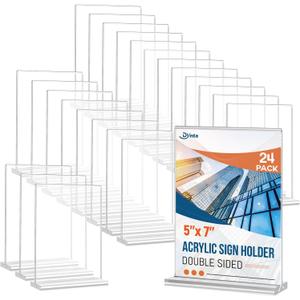 Dynta 24 Pack Acrylic Sign Holder 5x7 Inches Double Sided Picture Frame T Shape Flyer Menu Holder Table Vertical Plastic Clear Display Stand for Restaurant Office Retail Home Wedding