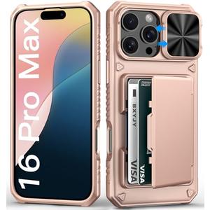 BXYJY for iPhone 16 Pro Max Phone Case Wallet, Built-in Card Holder (4-5 Cards), Slide Camera Cover & Military Grade Protection, Rugged Women Girly Men Protective Case for iPhone16 Pro Max, Rose Gold