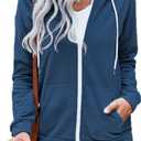 WROLEM Women Casual Full Zip Up Hoodie Comfy Loose Long Sleeve Sweatshirt Solid Color Jacket with Pockets (XX-Large, Navy)